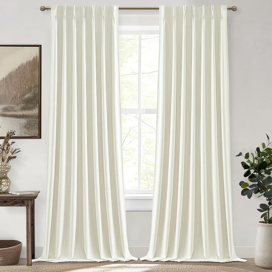Ivory White Pinch Pleated Complete Blackout Curtains & Drapes 108 Inches Long 2 Panels Set, Flax Linen Room Darkening Soundproof Window Curtains with Hooks Rings for Bedroom Living Room Track System