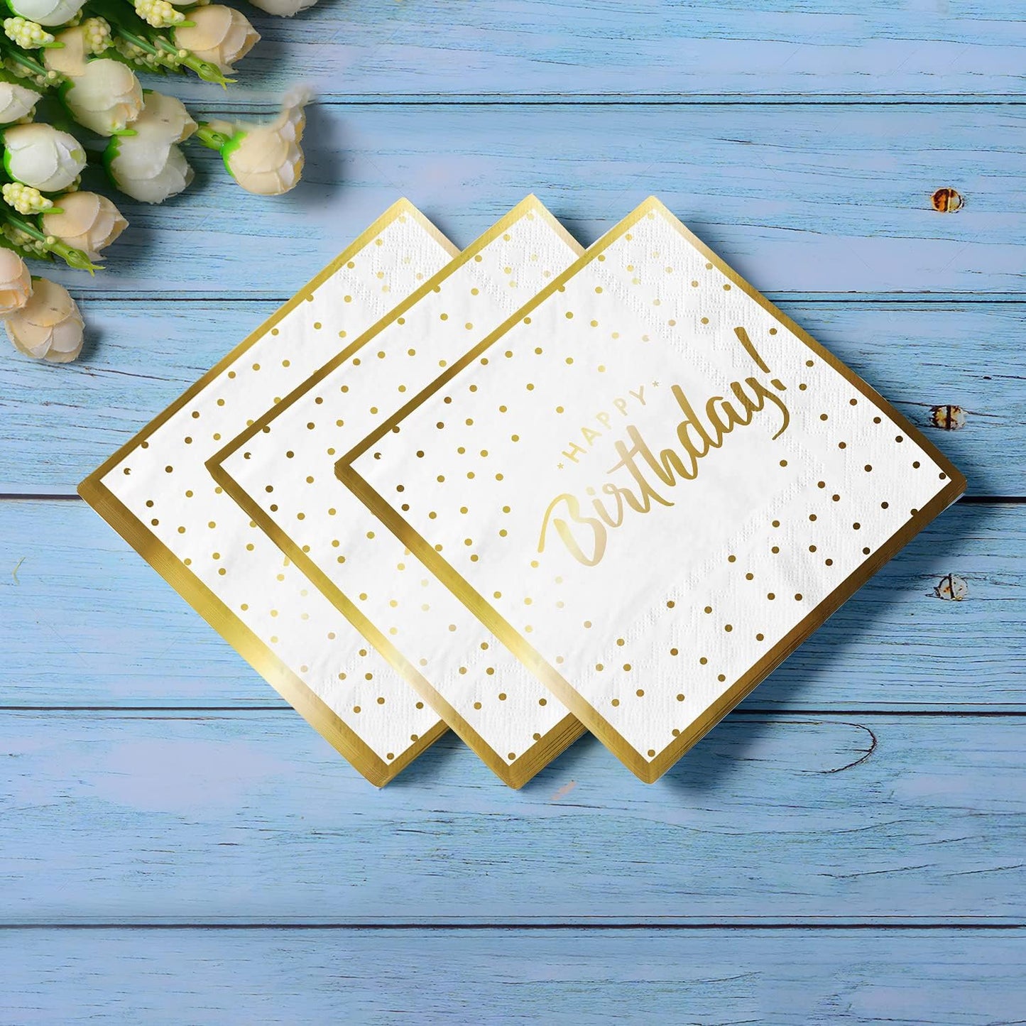 Gatherfun Birthday Party Supplies Napkins Disposable Paper Napkins with Gold Stamping for Adults and Kids Birthday Party（6.5X6.5 in, 3-Ply, 50-Pack)