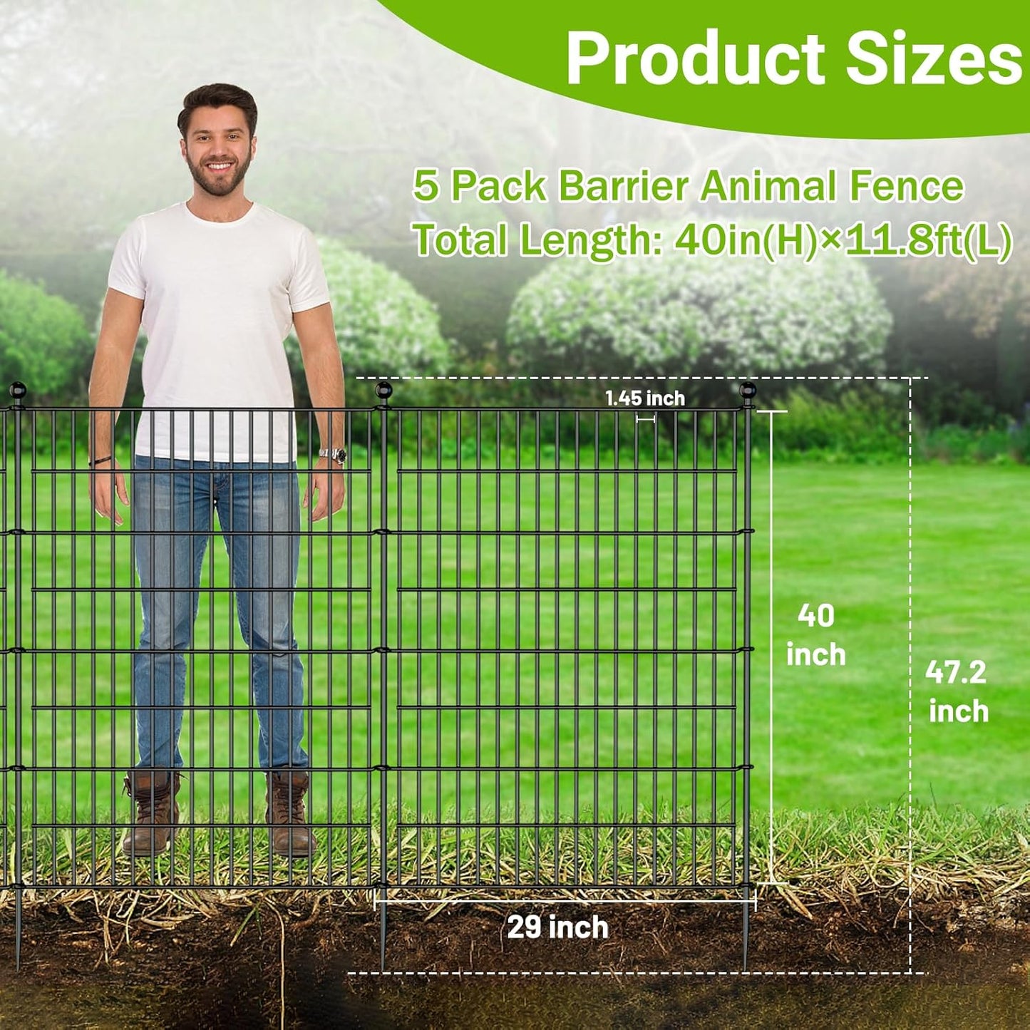 5 Panels No Dig Decorative Outdoor Garden Fence for Yard, 40 in(H) X 11.8 ft(L) Animal Barrier Fencing Rustproof Metal Wire Panel Border for Dog, Rabbits, and Patio Temporary Ground Stakes