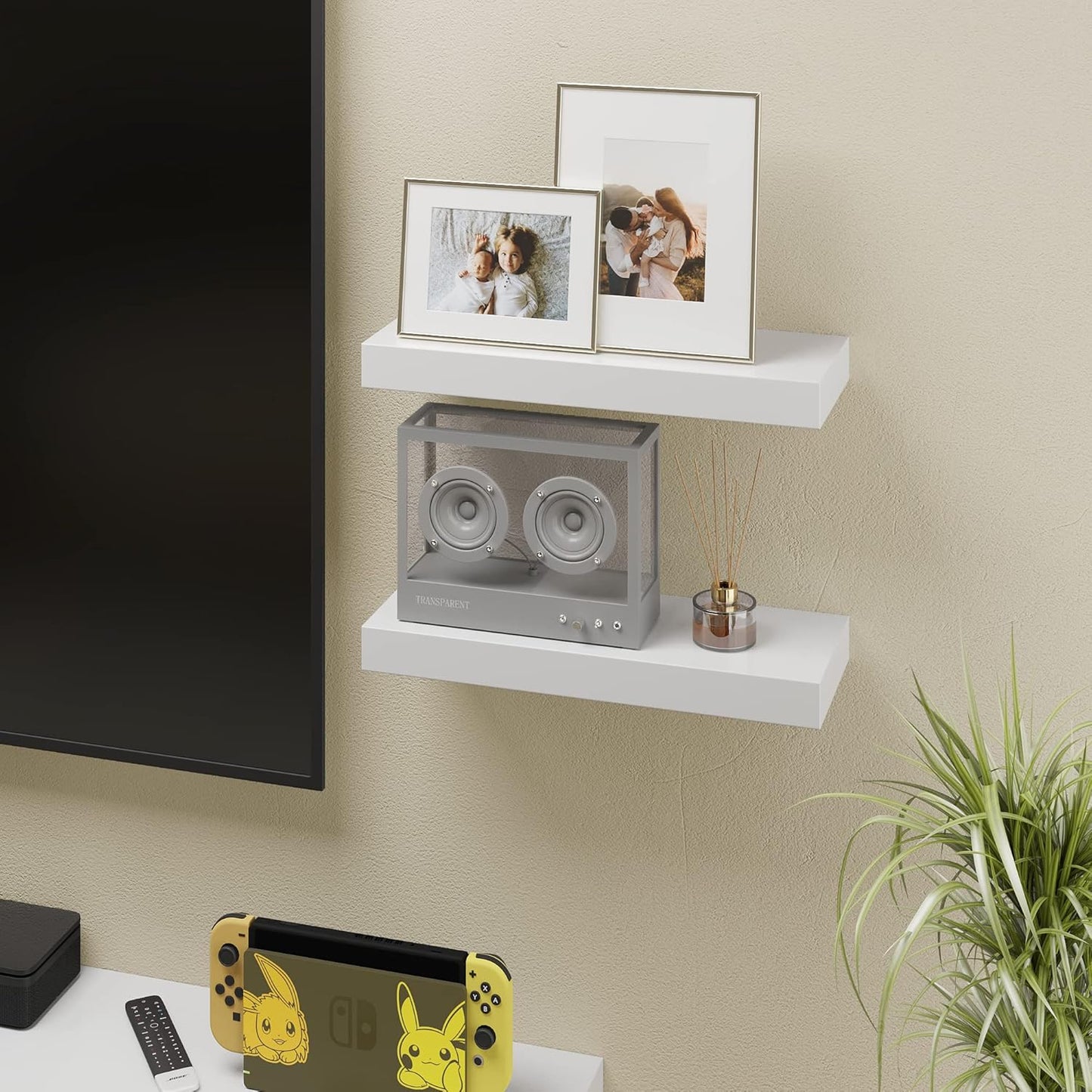 BAMEOS Floating Shelves, White Wall Mounted Wooden Shelves with Invisible Brackets Set of 2, Hanging Wall Shelves Decoration for Bedroom, Bathroom, Living Room and Kitchen