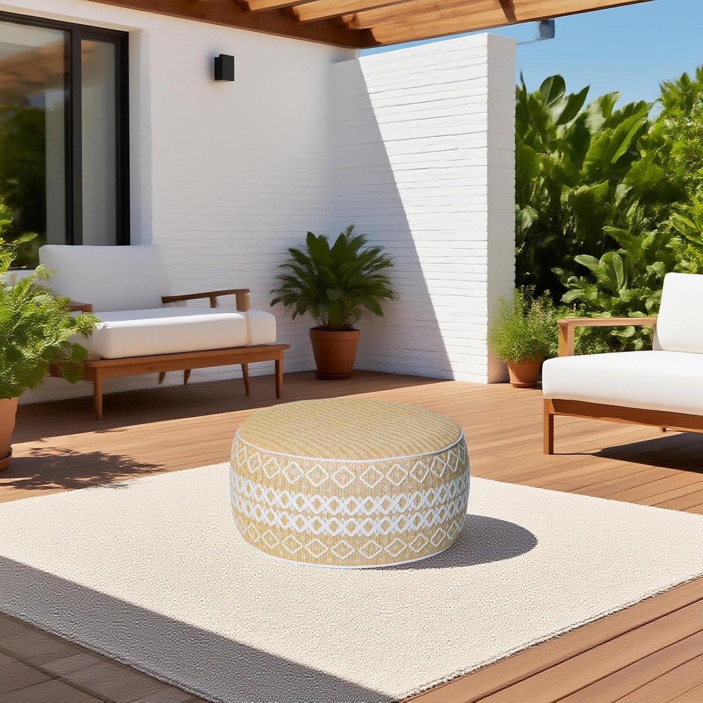 Outdoor Inflatable Ottoman with Air Pump, Embroidery Patio Footrest Stool D21”x H9”, Round Pouf Ottoman with Portable Handle Suitable for Garden, Camping, Bedroom, Living Room