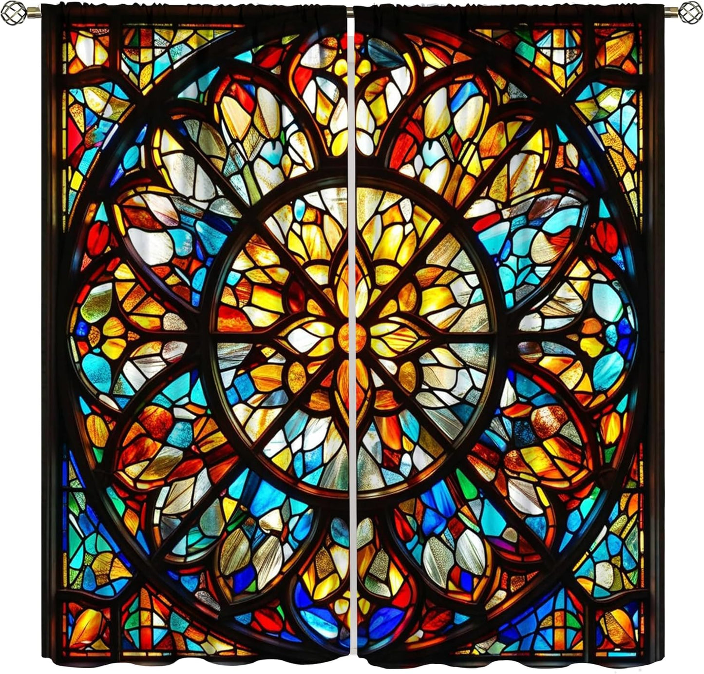 Stained Glass Curtains,Retro Mid Century Abstract Colorful Geometric Prints Home Decor Drapes for Bedroom Living Room Kitchen Window Treatment 2 Panels Set Total Size 72" W X 63" L Inch