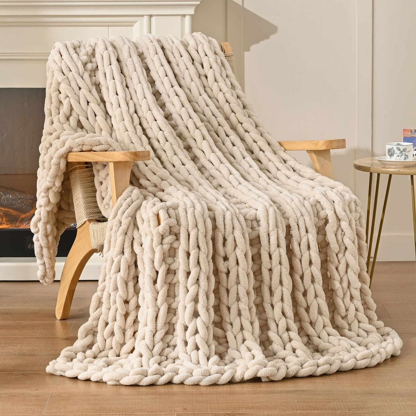 Esterra Chunky Knit Blanket Throw, 100% Handmade Chenille Throw Blanket 50"x60", Soft Thick Yarn Cable Knit Crochet Throw Blanket Rope Knot Throw for Couch Bed Sofa, Apricot White