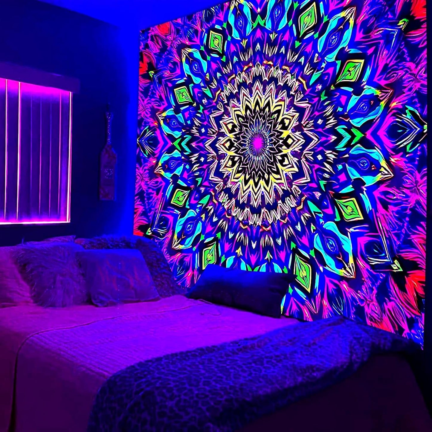 Blacklight Mandala Tapestry for Bedroom, Large Black Light Posters for Adults and Teens, Colorful UV Reactive Aesthetic Bohemian Wall Art Decor (80 x 60 Inches)