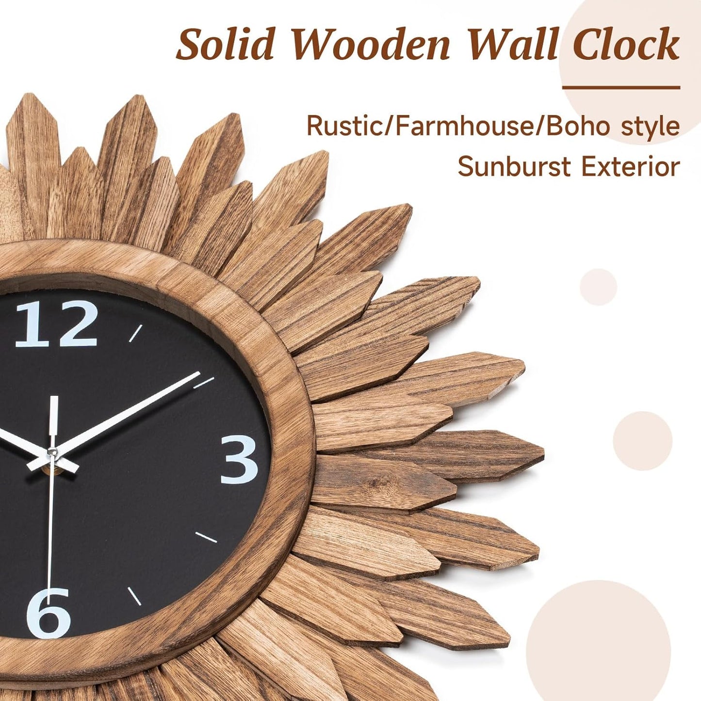 Honiway 14 Inch Wall Clock, Rustic Wood Boho Sunburst Decorative Wall Clocks Battery Operated Silent Non Ticking Farmhouse Small Wall Clocks for Living Room Kitchen Bedroom Home Decor (Rustic Brown)