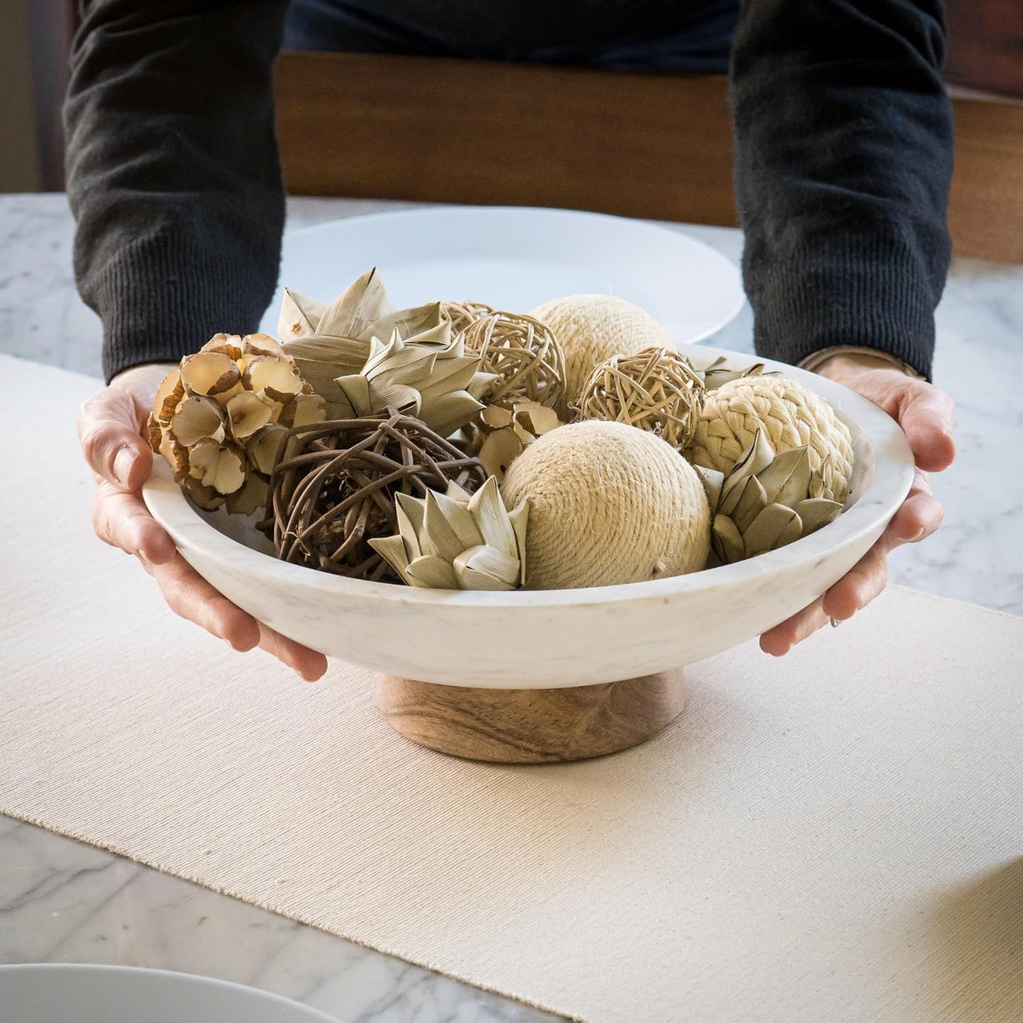 Cork & Mill Marble Decorative Bowl for Home Decor - Handcrafted Natural Stone with Acacia Wood Pedestal - Versatile 11" Catch All for Entryway, Kitchen Fruit Bowl, Potpourri, Dining Table Centerpiece