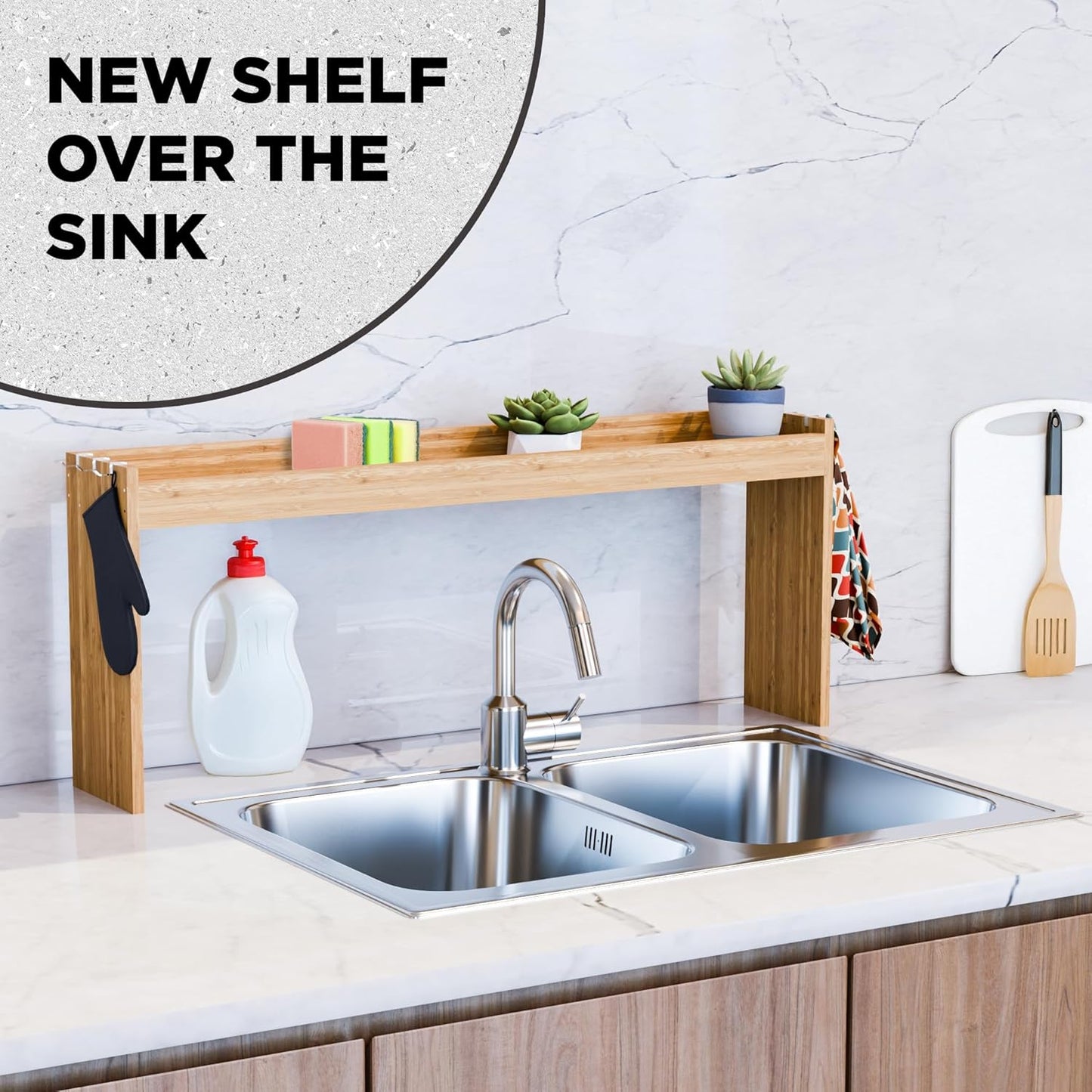 Edgecrest Bamboo Over The Stove or Sink Modern Spice Shelf, No Annoying Middle Screw, 31.5” Wide Storage, 11.4” High Countertop Shelf, 6 Side Hooks, Easy to Assemble, Eco-Friendly Durable Material