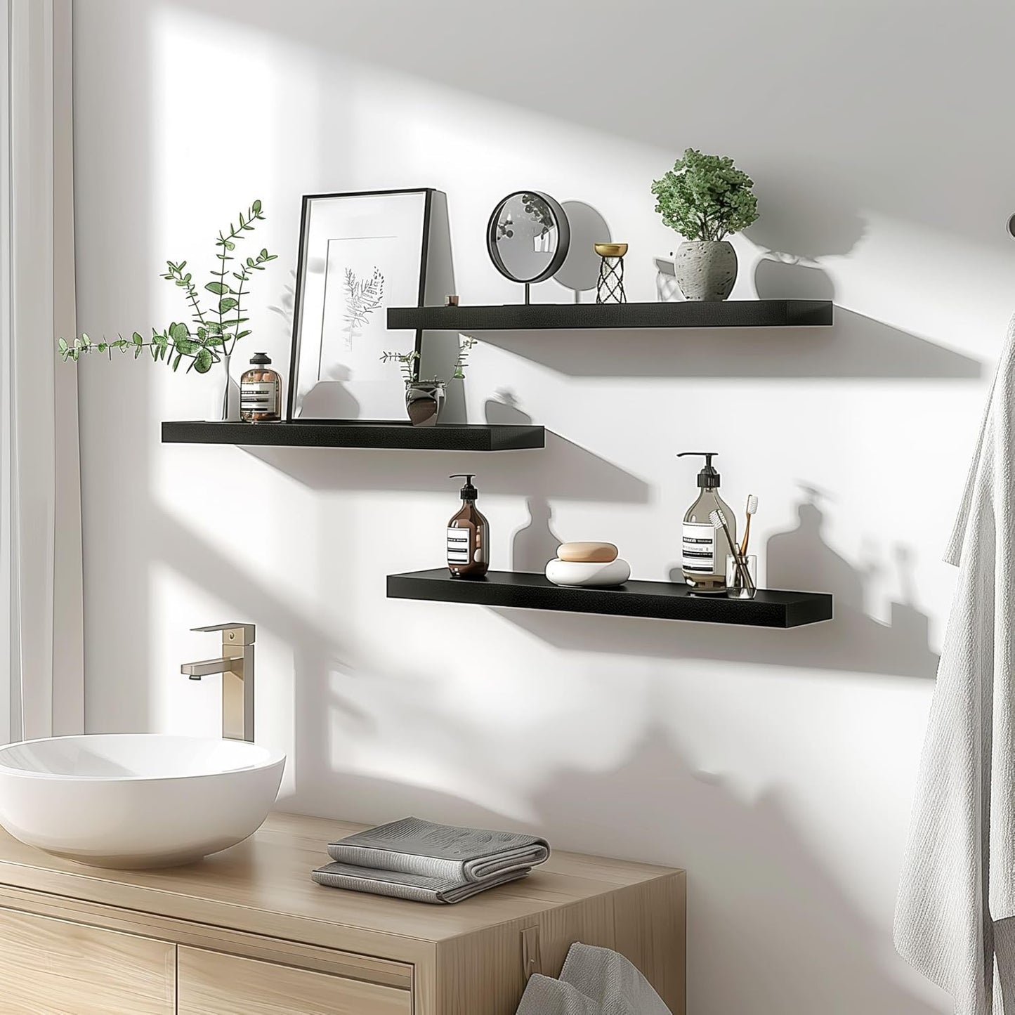 Wood Floating Shelves for Wall Decor, Rustic Wall Shelves for Bedroom Bathroom Kitchen Living Room, Set of 4 Black 24 Inch