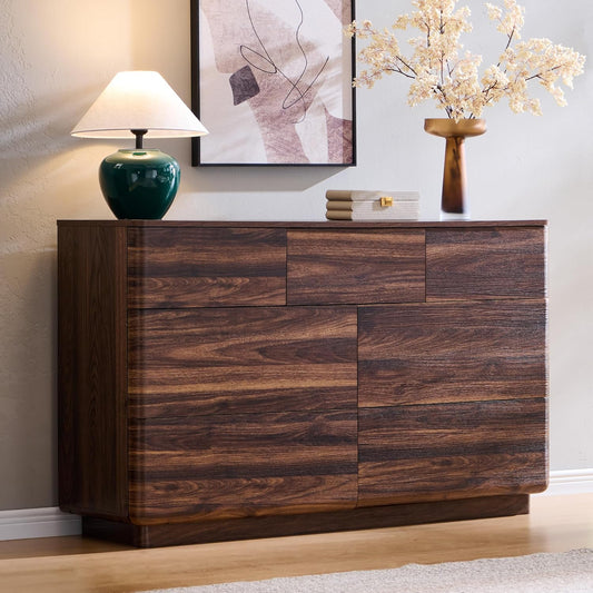Modern 7 Drawer Dresser for Bedroom, 52" Wide Handleless Chest of Drawers, Push-to-Open Large Wood Storage, Dresser TV Stand for Bedroom, Living Room, Hallway, Curved Profile, Brown