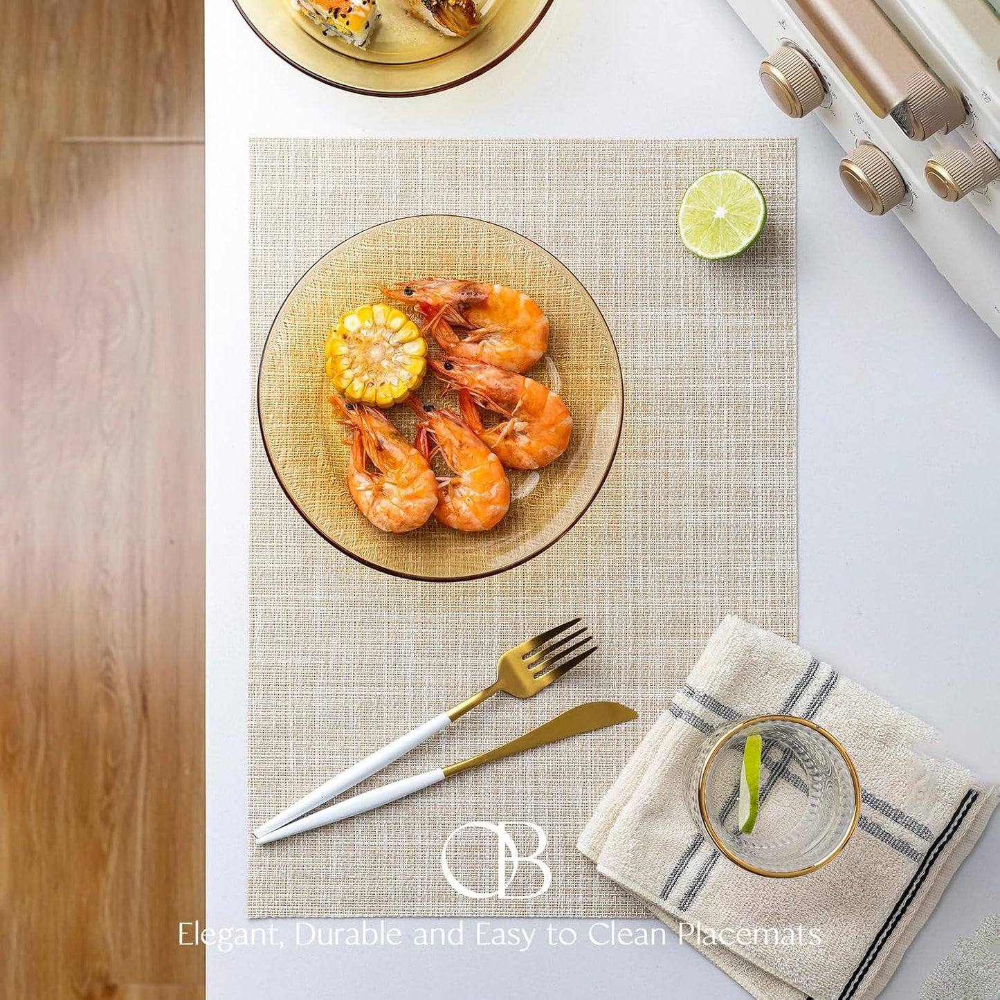 Placemats Set of 12 - Easy Clean Woven Vinyl Placemat for Dining Table, Indoor/Outdoor Place Mats, Washable PVC Table Mats（Beige）