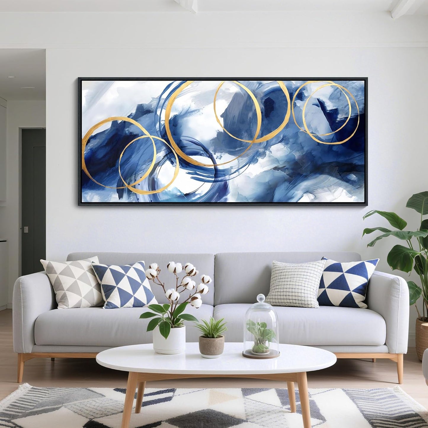 AJAZIKO Blue Abstract Canvas Wall Art Modern Wall Decor Artwork for Walls Living Room Large Painting Office Pictures for Wall Navy Gold Contempor Decorations for Bedroom