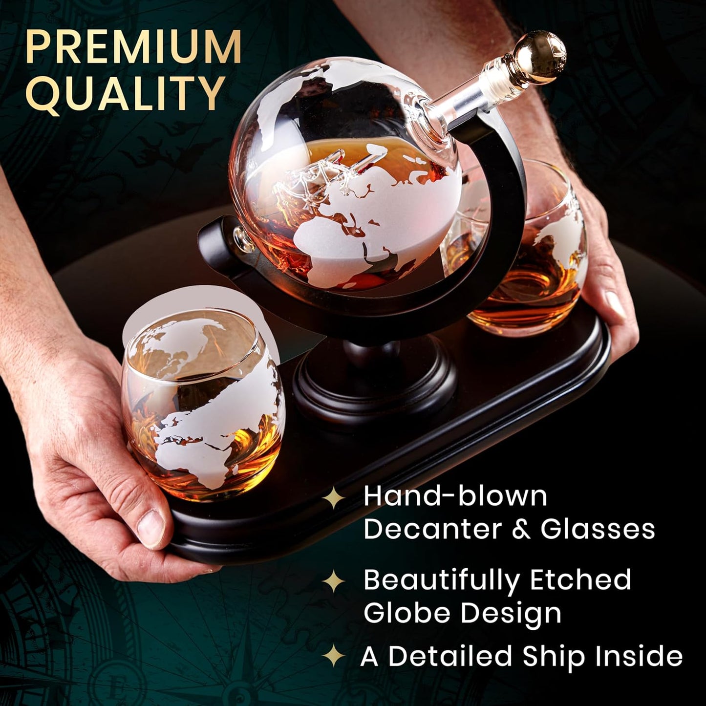 Globe Whiskey Decanter Gift Set by Royal Reserve | Etched World Map Globe Decanter 29 oz 850 ml with Glasses for Bourbon, Liquor – Whiskey Gifts for Men Dad Boyfriend Husband