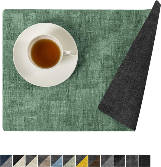 Romanstile Reversible Vinyl Placemats Set of 8, Faux Leather 100% Waterproof Oil-proof Wipeable Place Mats, Heat Resistant Dual Sided Table Mats for Kitchen/Dining/Party (Grey DarkGreen, 12 x 17 Inch)
