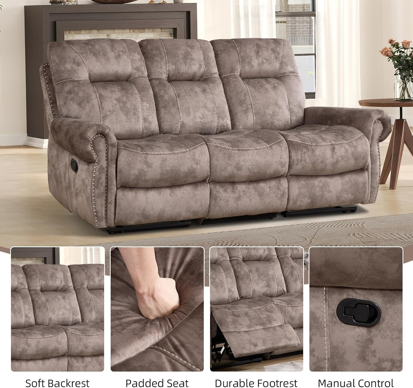 EBELLO Manual Recliner 3 Seat Sofa Couch, Soft Fabric 3 Seater Reclining Couch Chair, Vintage Rivet Mid-Century Design Furniture for Living Room, Meeting Room, Brown