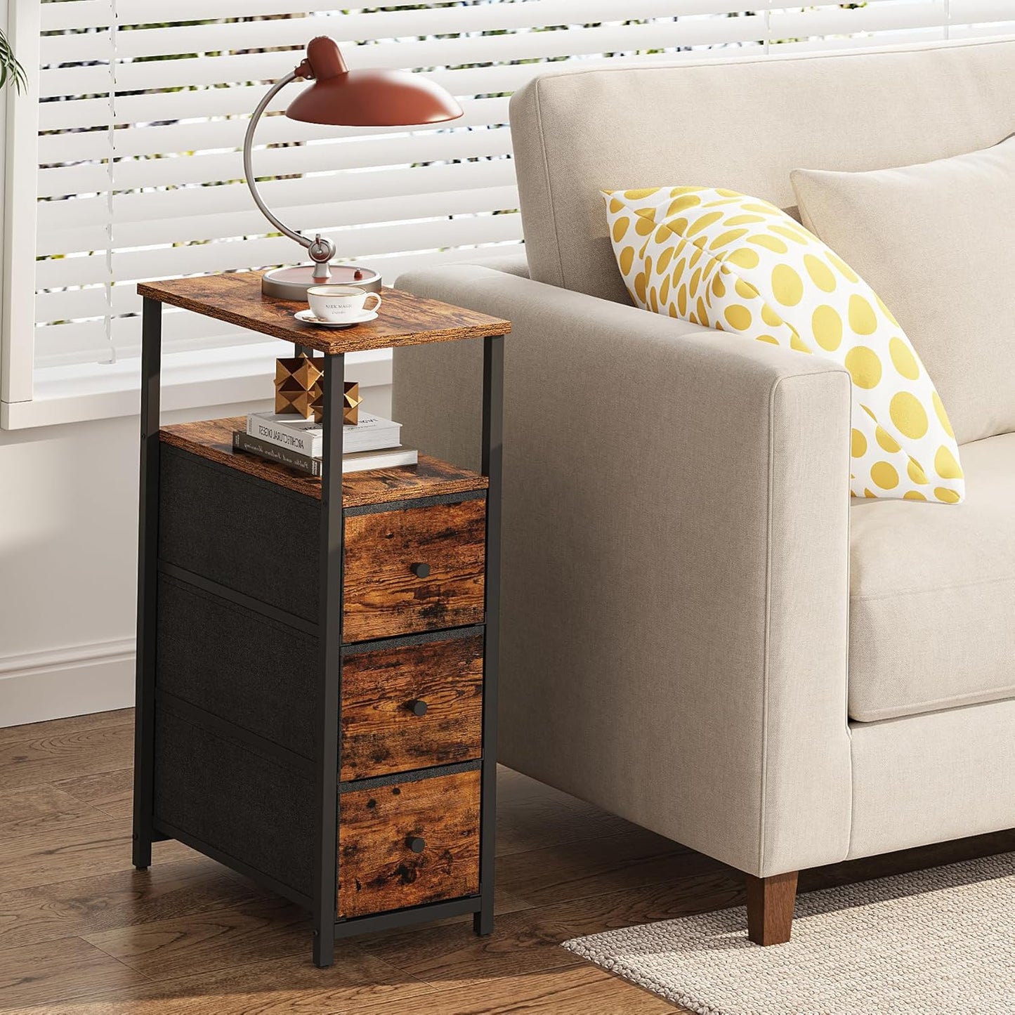 TUTOTAK Narrow Night Stand, Slim End Table, Tall Side Table with 3 Fabric Drawer, Small Bedside Table with Storage, Set of 2, for Living Room, Bedroom, Brown TB01BB072