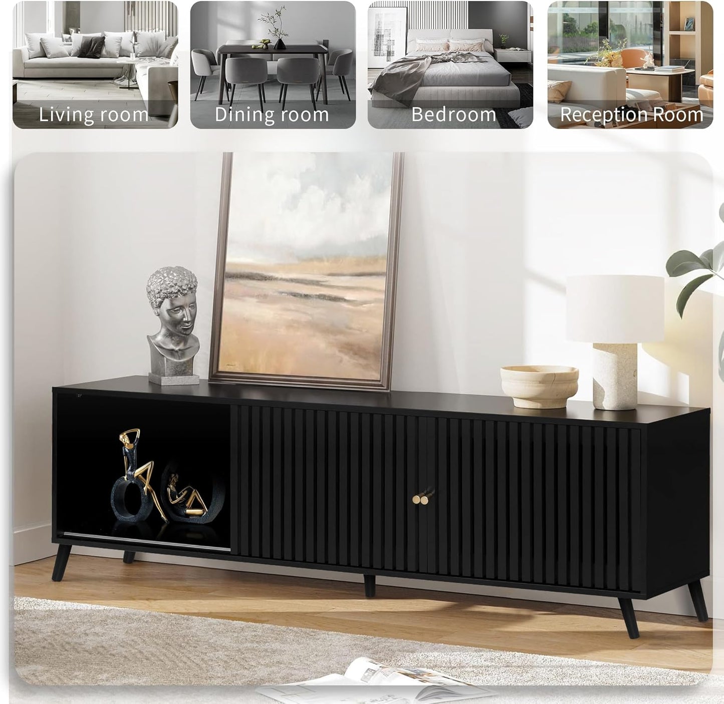 Mid Century Modern TV Stand for Televisions up to 70 Inches, with Sliding Doors and Storage, Television Stands, TV Consoles, Media Consoles for Living Room, 63 Inch (Black)