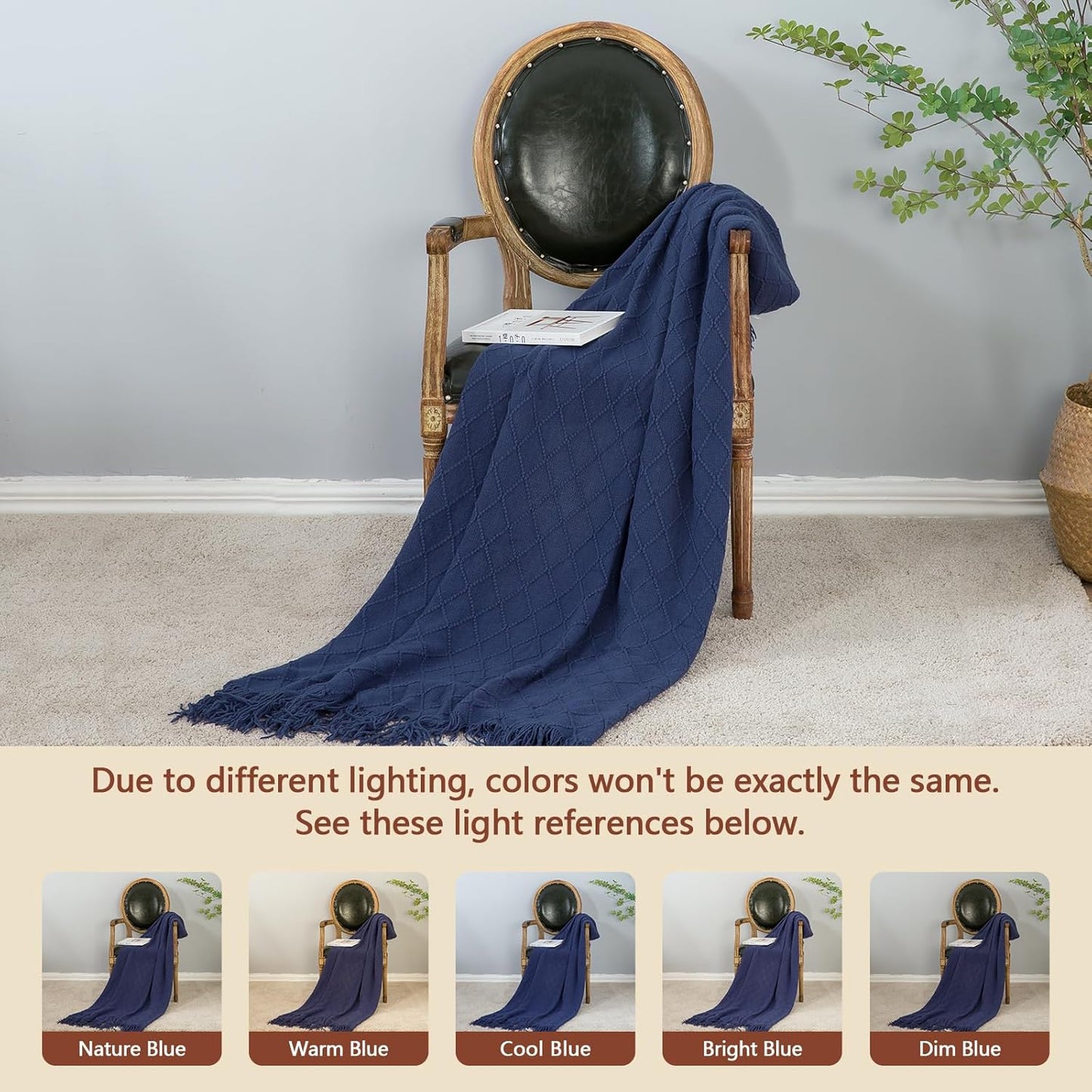inhand Navy Blue Throw Blanket for Couch and Bed, Soft Living Room Home Decor Knitted Twin Size Blanket, Outdoor Lightweight Breathable Summer Blanket, Farmhouse Warm Woven Decorative, 60"x80"