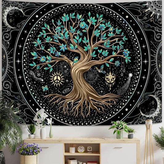 Lunerfex Tree of Life Tapastry Butterfly Moon Tapastry Flower Green Tree Tapestries Mandala Wall Hanging for Bedroom and Living Room Decor 60×80 Inches