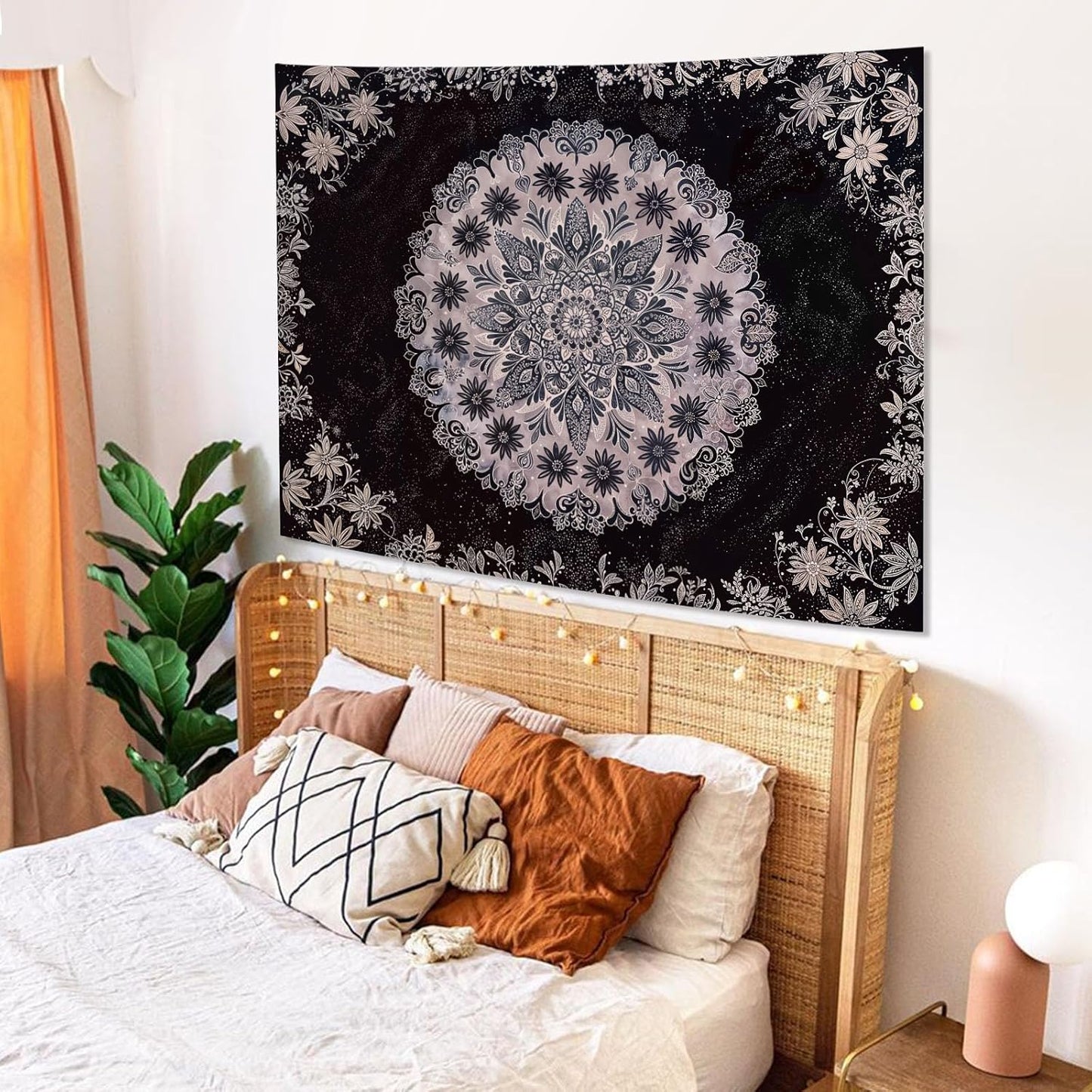 Fowocu Boho Floral Mandala Tapestry Wall Hanging Grey Bohemian Flower Medallion Tapestry Aesthetic Gray Black Hippie Indian Small Tapestries for Bedroom Living Room Dorm Decor 40 x 30 Inch