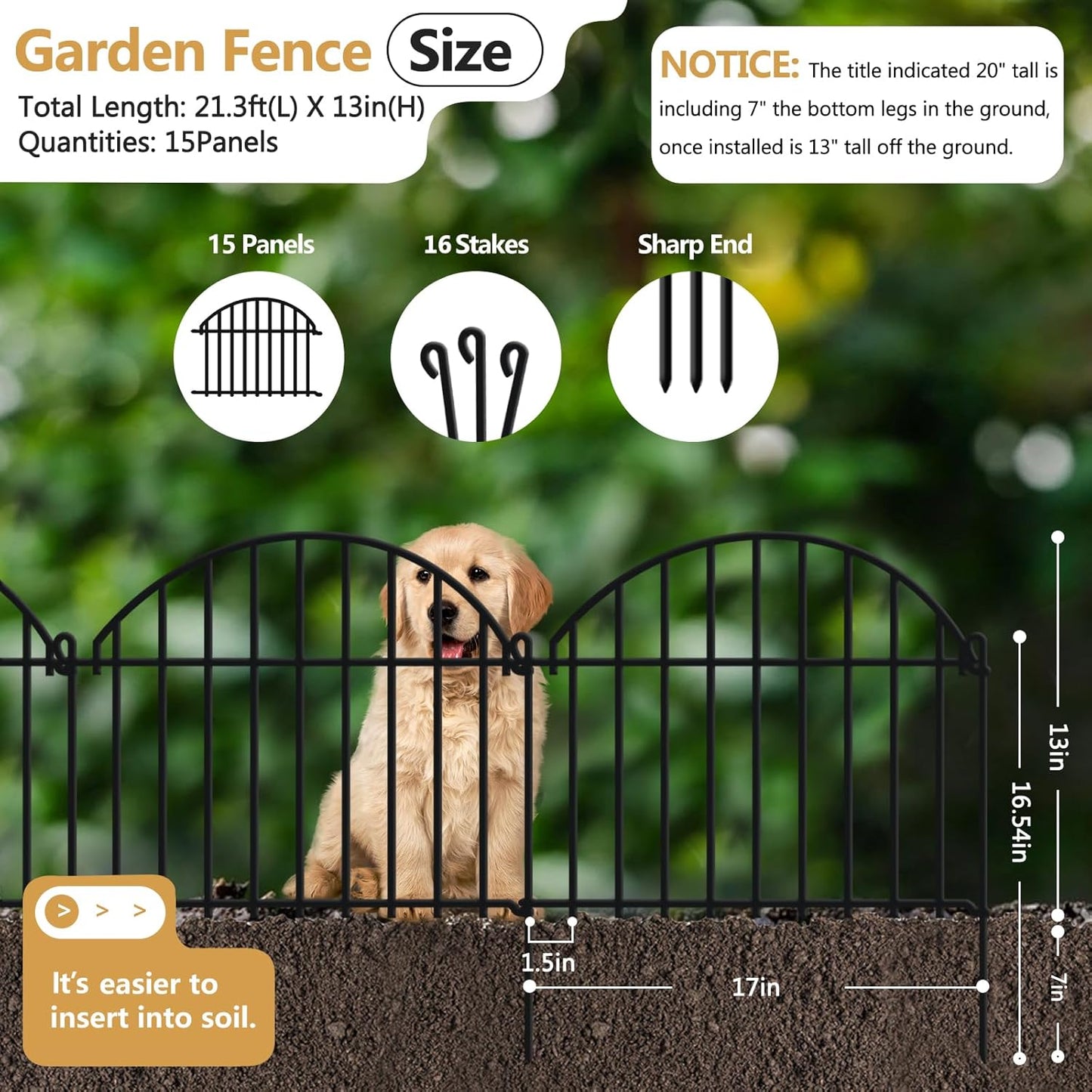 21.25ft x 20in Animal Barrier Fence, 15 Panels Garden Fencing for Dogs Rabbit, Rustproof Metal Edging Border Ground Stake, Arched Decorative Fences for Seedlings Protection, Outdoor Yard Patio Lawn