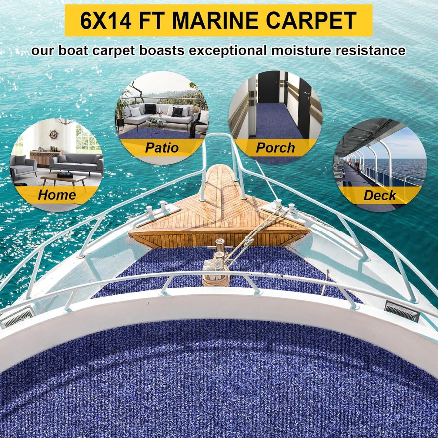 Marine Carpet,6 FT x 14 FT Deep Blue Indoor Outdoor Carpet 0.2" Thick Boat Carpet with Water-Proof TPE Backing, Non-Slide Outdoor Marine Carpet Roll for Home, Patio, Porch, Deck