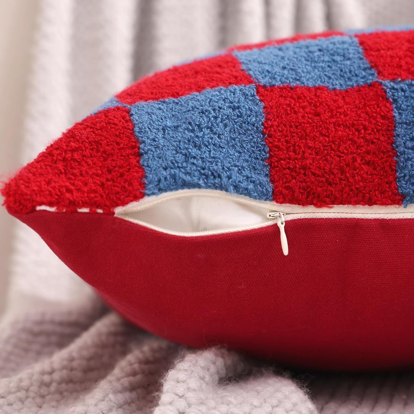 Alysheer Checkered Embroidered Decorative Throw Pillow Covers 18"x 18" Set of 2, Classic Chic Red Blue Plaid Tufted Patterned Cotton Canvas Cushion Case for Sofa Couch Bed Living Room