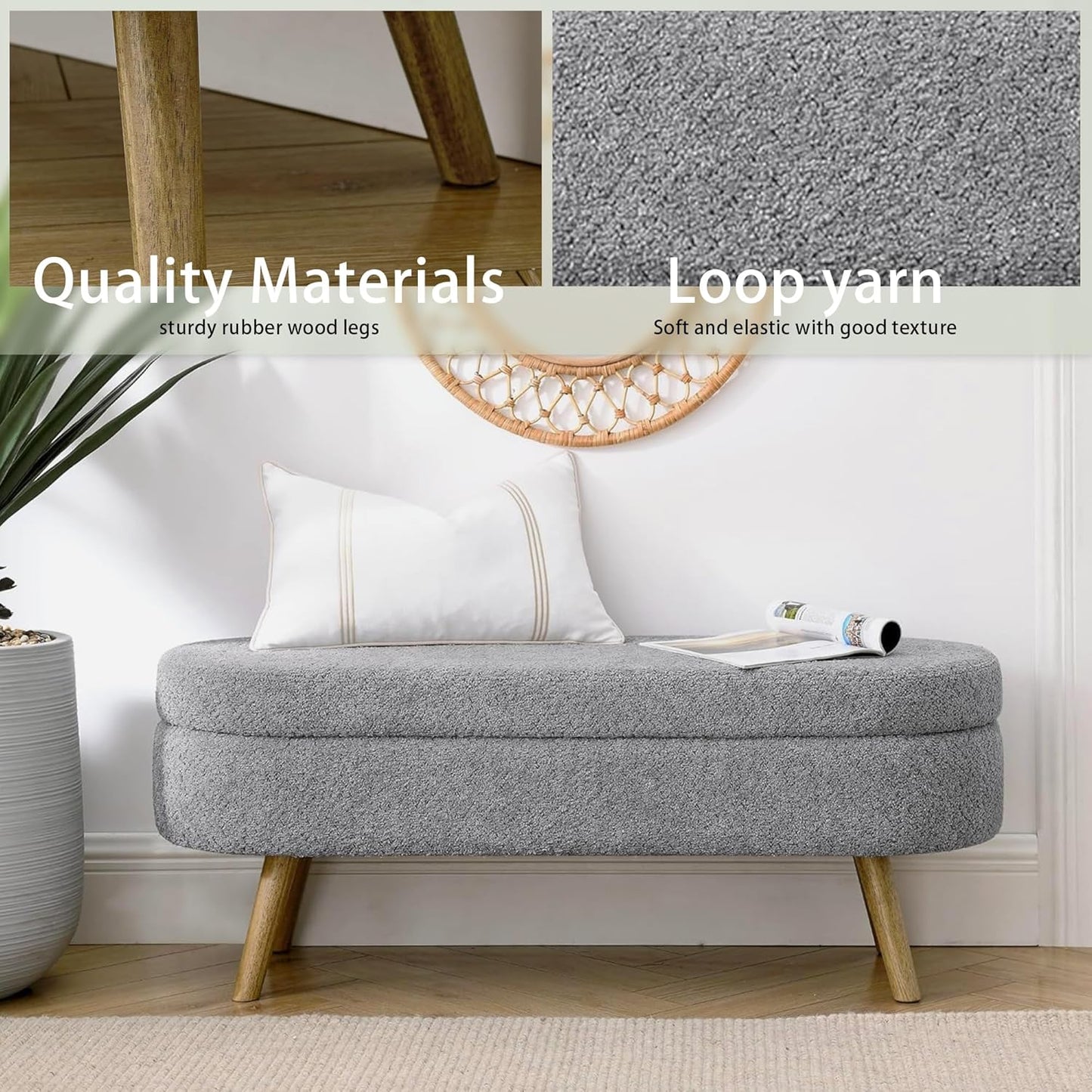 Oval Storage Bench 43.5" Linen Fabric Upholstered Entryway Bench with Solid Wood Legs Ottoman Bench Indoor Bench for Living Room/Bedroom/End of Bed/Entryway (New Grey)