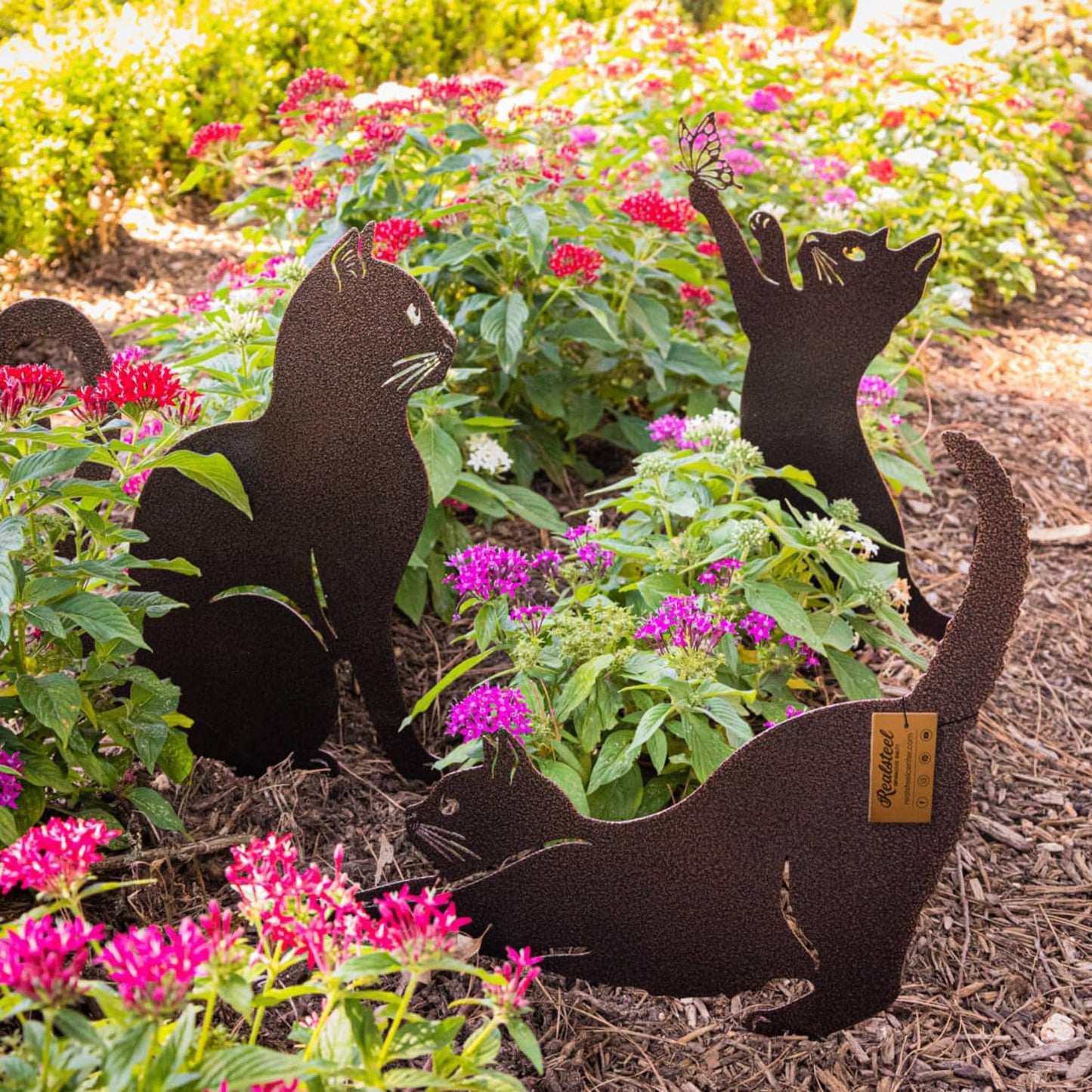 RealSteel I 3 Pack Steel Cat Garden Decor I Outdoor Yard Decorations I Gift for Cat Lovers I Lawn Ornaments and Statues I Garden Signs Decorative Outdoor - Gold