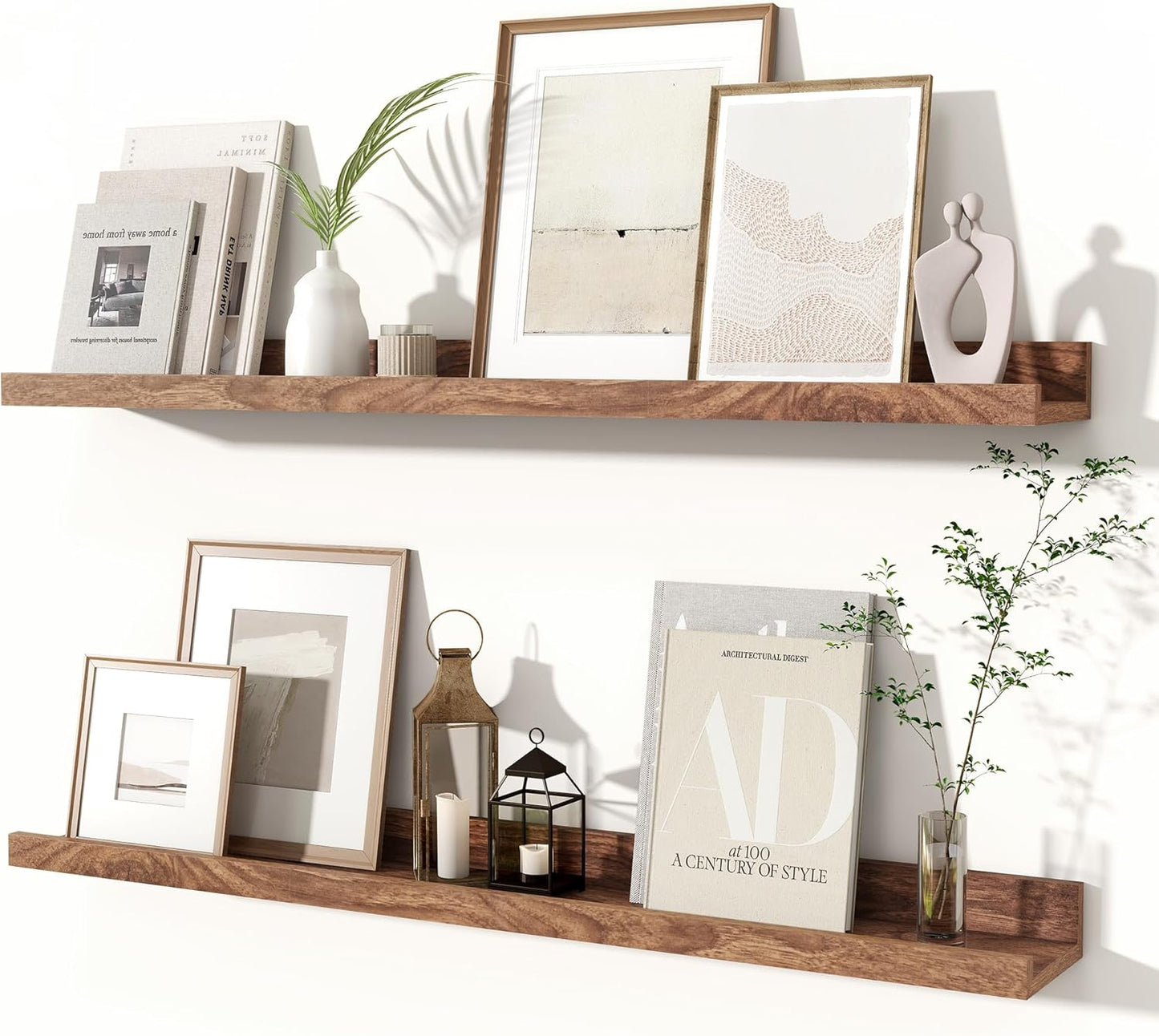 Fun Memories Picture Ledge Shelves Set of 2, 24 Inch Rustic Wall Mounted Floating Shelves with Lip for Home Storage and Décor in Bathroom, Kitchen, Nursery, Bedroom, Living Room, Walnut