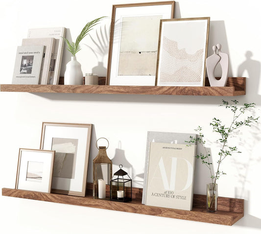 Fun Memories Picture Ledge Shelves Set of 2, 24 Inch Rustic Wall Mounted Floating Shelves with Lip for Home Storage and Décor in Bathroom, Kitchen, Nursery, Bedroom, Living Room, Walnut