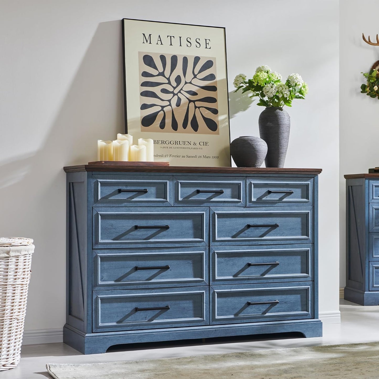 Farmhouse 9 Drawer Dresser for Bedroom, 36 Inch Tall Modern Dresser TV Stand with Large Drawers & Bar Handles, Rustic Wood Chest of Drawers for Bedroom, Living Room, Hallway, Blue