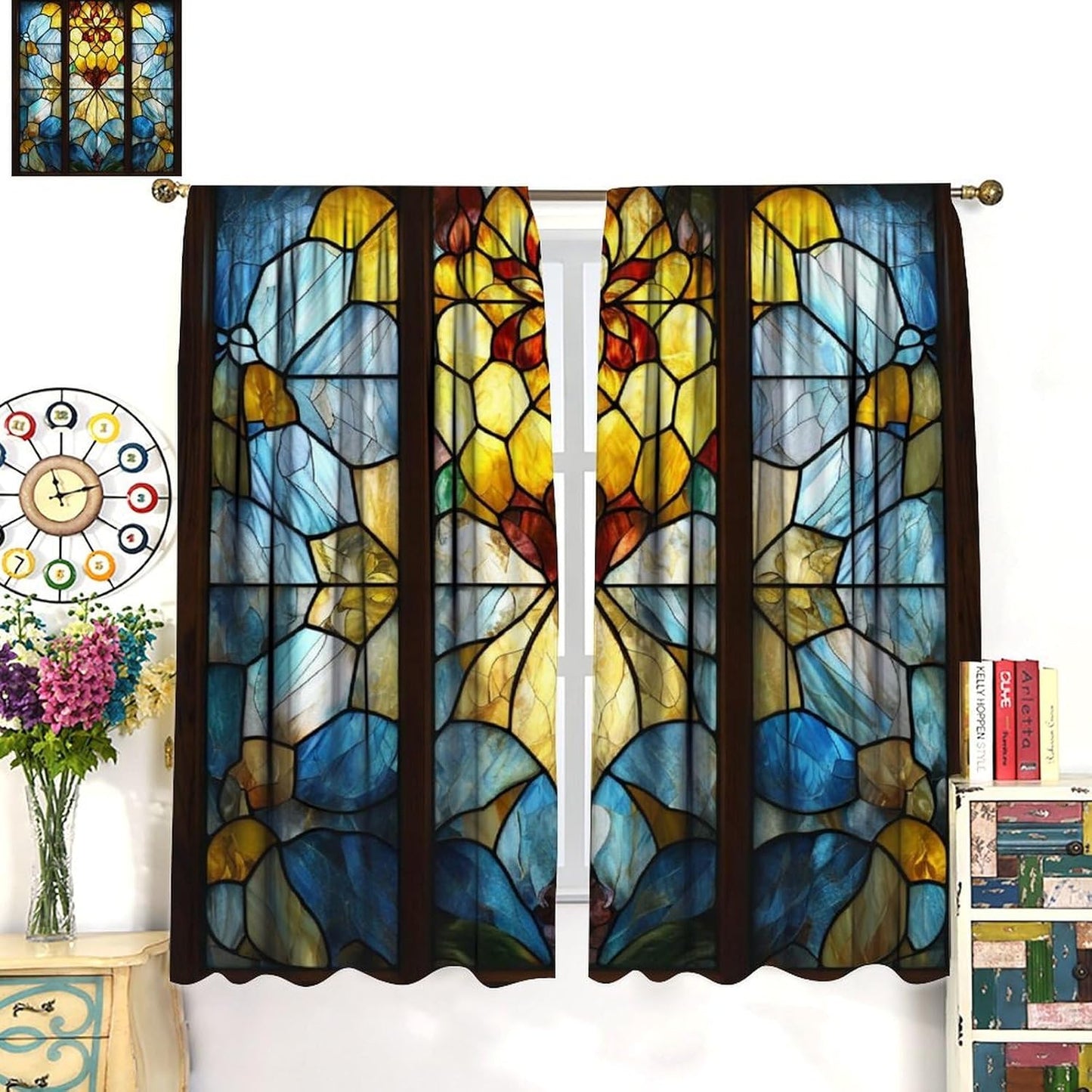 Stained Glass Curtains,Retro Abstract Colorful Art Home Decor Drapes for Bedroom Living Room Kitchen Window Treatment 2 Panels Set Total Size 72" W X 63" L Inch