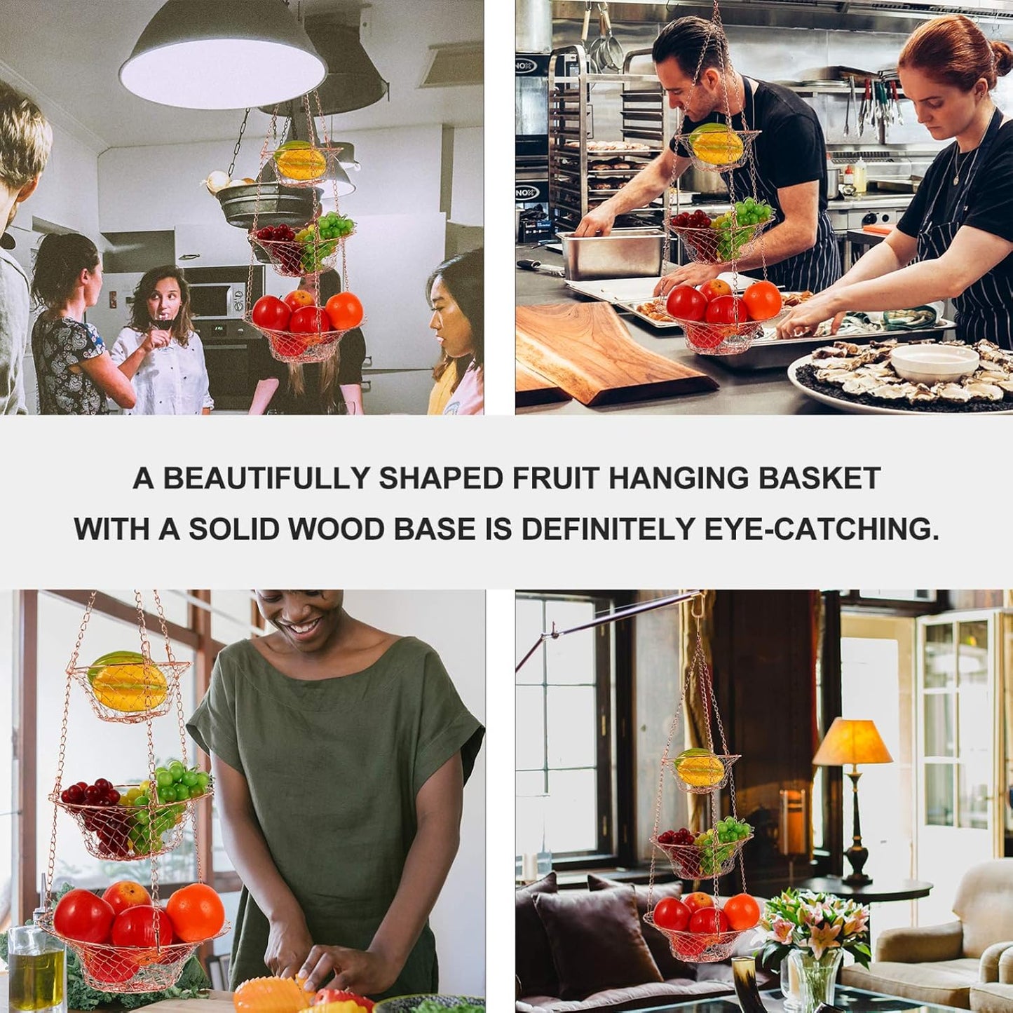 Yardwe 3 Tier Hanging Fruit Baskets Copper Wire Basket Fruit Vegetable Kitchen Storage Organizer Rustic Country Decor Round Metal Copper