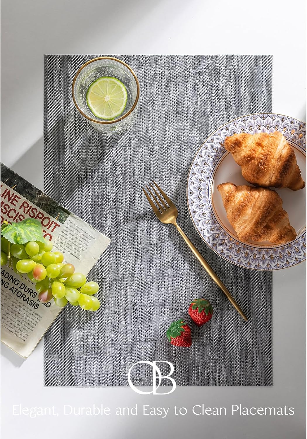 Placemats Set of 6 - Easy Clean Woven Vinyl Placemat for Dining Table, Indoor/Outdoor Place Mats, Washable PVC Table Mats（Gray）