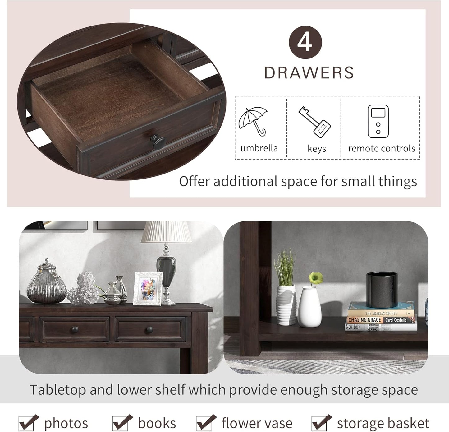 63" Solid Wood Console Table Sofa Table with Storage Drawers and Bottom Shelf,Farmhouse Entryway Table for Hallway Foyer,Sofa Couch Table,Fully Assembled (63" Espresso)