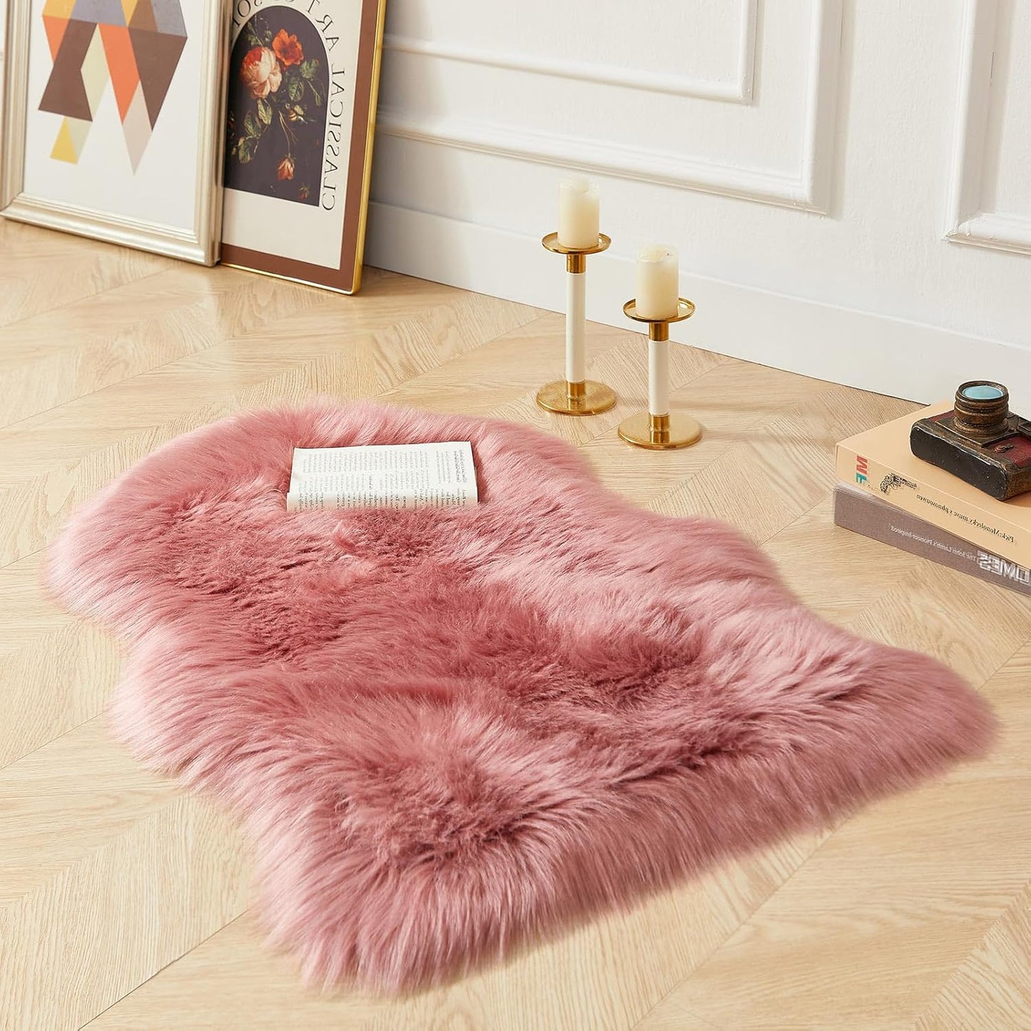 AMTOVO Faux Fur Rug, Blush Pink Small Area Rug, Fluffy Sheepskin Rug, Fuzzy Ultra Soft 2 x 3 ft Shag Rugs for Bedroom Sofa Throw Cushion Room Decor, Sheepskin
