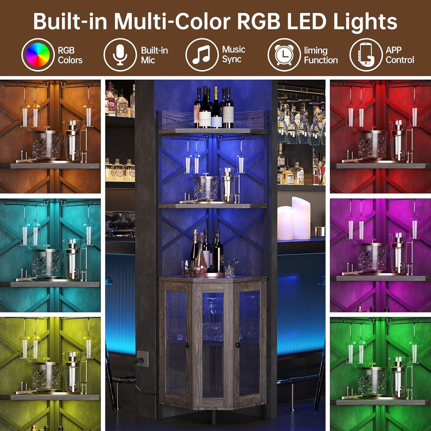 Corner Bar Cabinet with Power Outlet, 5-Tier Corner Wine Cabinet with Led Strip and Glass Holder, Industrial Tall Liquor Cabinet Bar Wine Rack for Home, Grey Oak