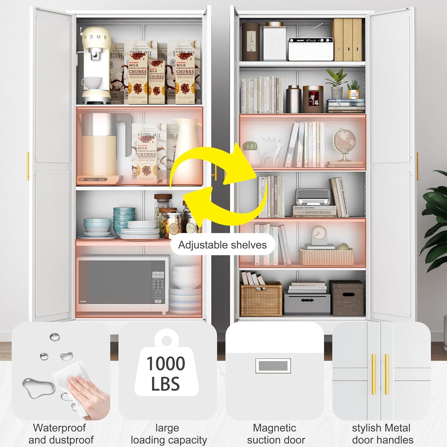 Kitchen Pantry Storage Cabinet with Doors and Adjustable Shelves, Metal ClosetMaid Food Pantry Cabinets, 75" Tall Freestanding Cupboard for Kitchen, Laundry or Utility Room, White