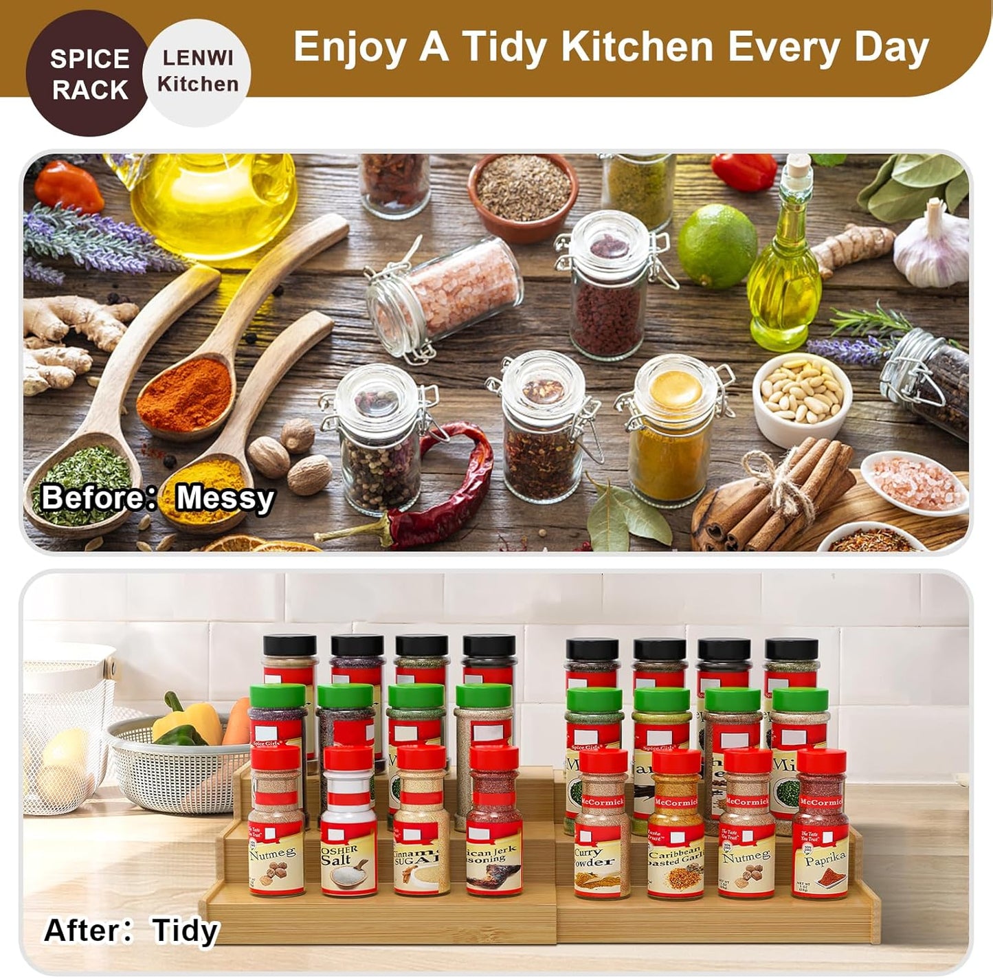 Spice Rack Organizer for Cabinet, 3 Tier Expandable Bamboo Spice Storage, Great for Kitchen Cabinet, Cupboard,Pantry and More