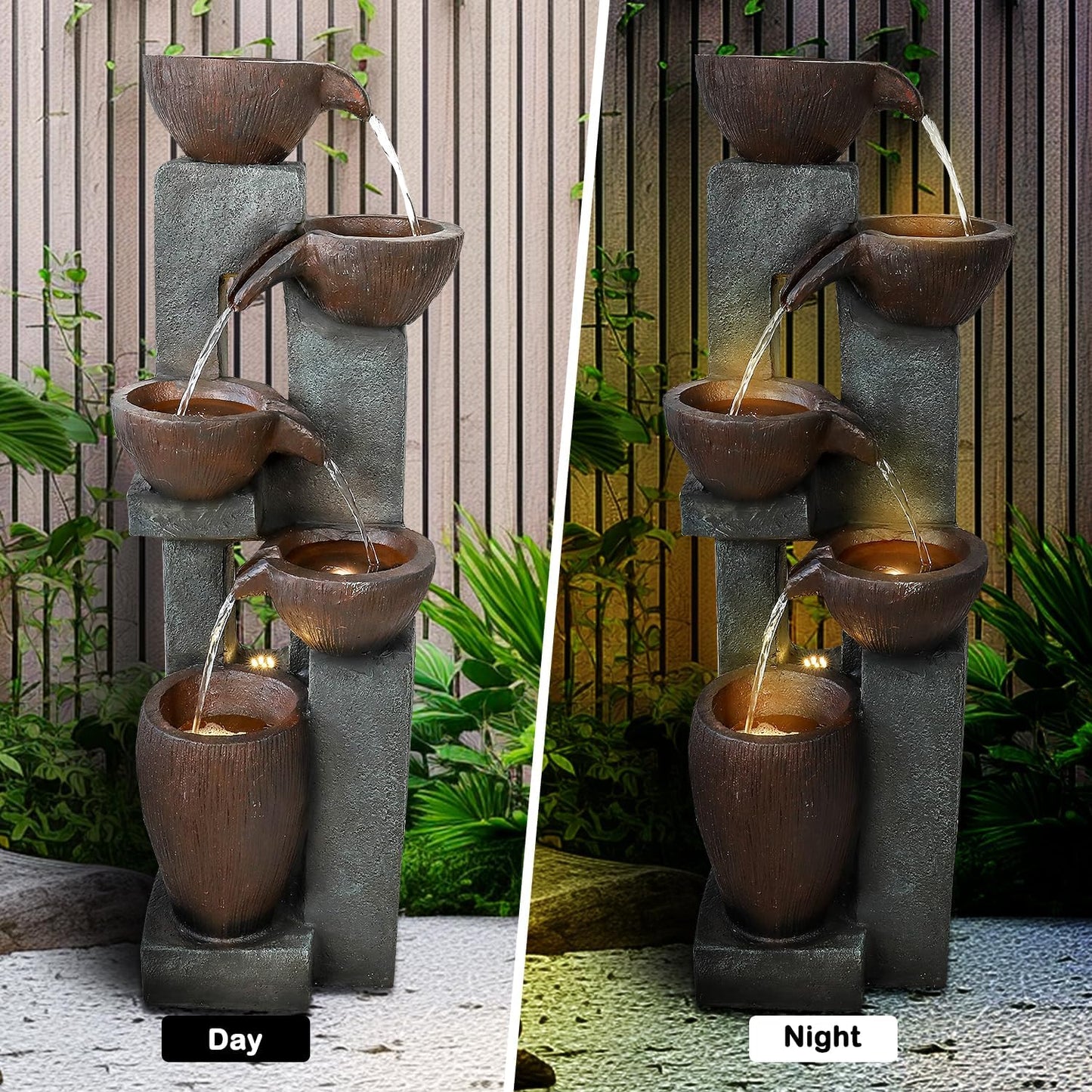 Naturefalls 39” H Modern Outdoor Fountain - 5 Crocks Outdoor Garden Fountains with Contemporary Design&LED Light for Garden, Patio, Deck, Porch, Backyard and Home Art Decor