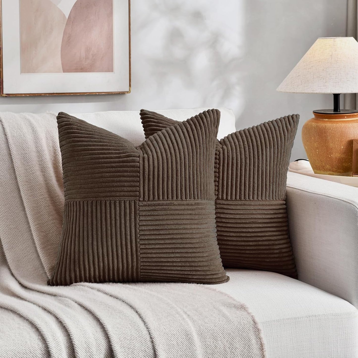 Fancy Homi 2 Packs Dark Brown Samll Decorative Throw Pillow Covers 14x14 Inch with for Couch Bed Sofa, Rustic Farmhouse Boho Home Decor, Soft Corss Patchwork Corduroy Square Cushion Case 35x35 cm