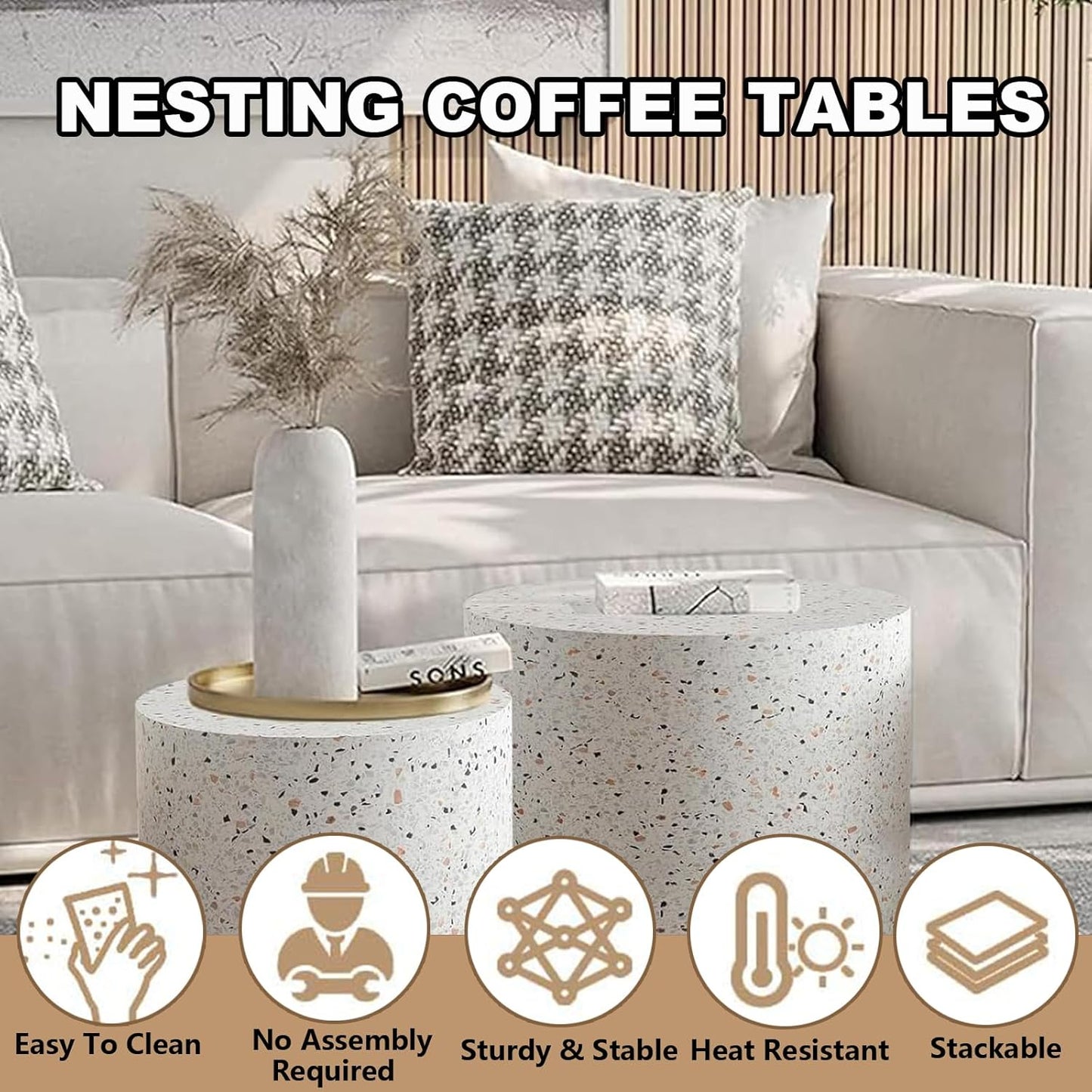 Round Nesting Coffee Table Set of 2 Modern Wooden Drum Coffee Table and End Table Sets Small Side Tables Circle Accent Center Tables for Living Room Apartment,No Assembly,Terrazzo