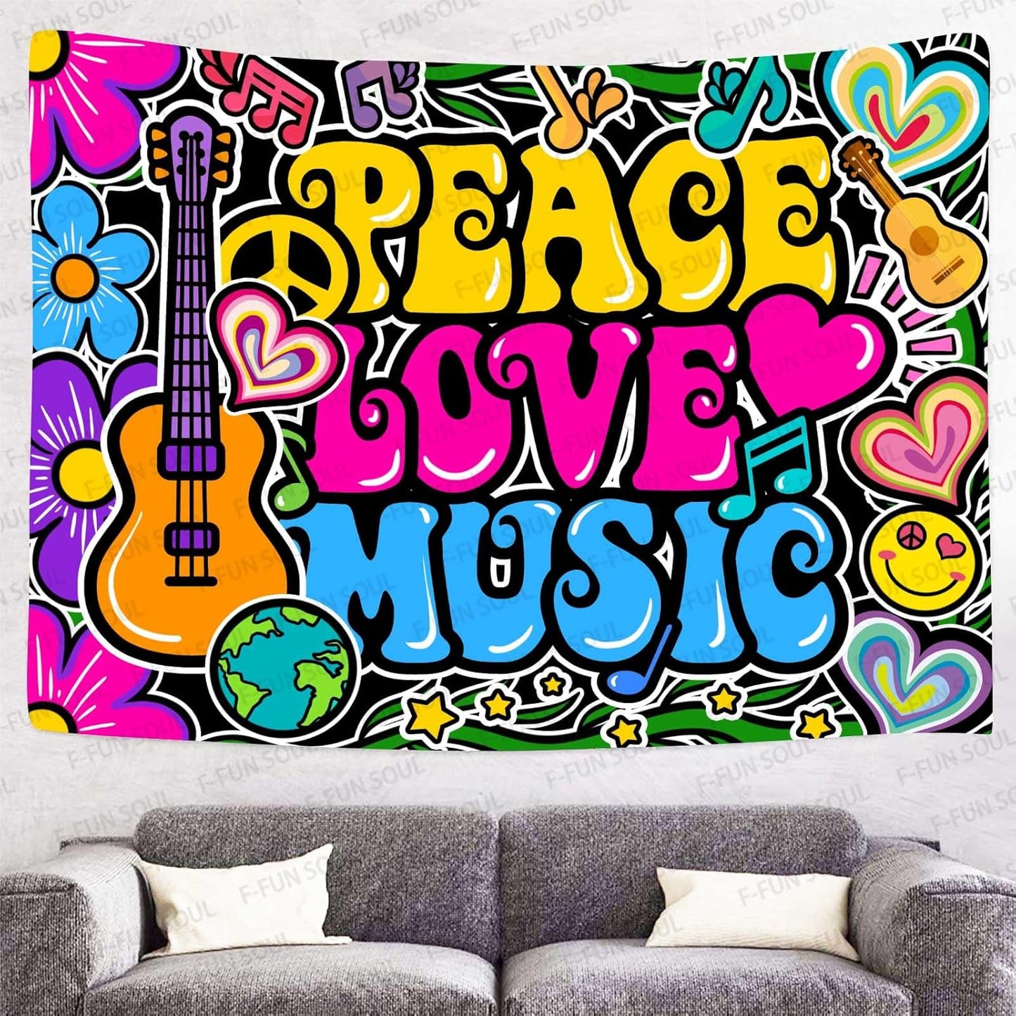 F-FUN SOUL Peace Love and Music Tapestry, 40x30inches Soft Flannel, Guitar Symbol Dove Flowers Psychedelic Art Tapestries Wall Hanging for Bedroom Living Room Decor Banner