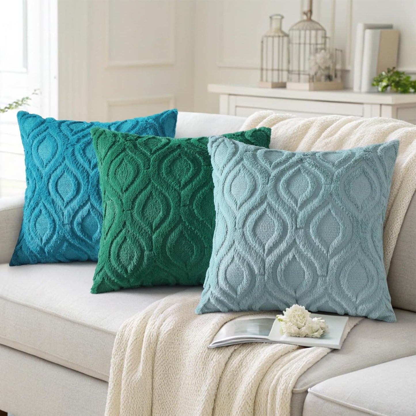 decorUhome Fall Throw Pillow Covers 26x26 Inch Set of 2, Soft Plush Decorative Faux Fur Turquoise Solid Couch Pillow Covers, Accent Farmhouse Neutral Square Euro Pillow Cases for Sofa Bed Living Room