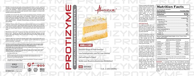 Metabolic Nutrition, Protizyme, 100% Whey Protein Powder, High Protein, Low Carb, Low Fat Whey Protein, Digestive Enzymes, 24 Essential Vitamins and Minerals, 4 Pound (52 ser)