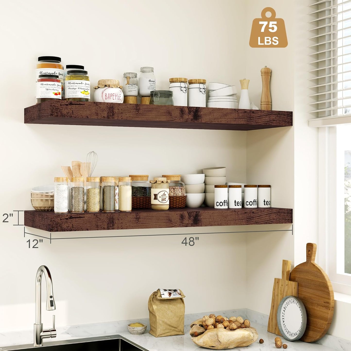 Heimlove Rustic Brown Bathroom Shelves Floating Shelves for Wall Shelf Over Toilet Long Wall Mounted Modern Farmhouse,48 x 12 Shelves with Invisible Brackets for Living Room, Kitchen, Bedroom