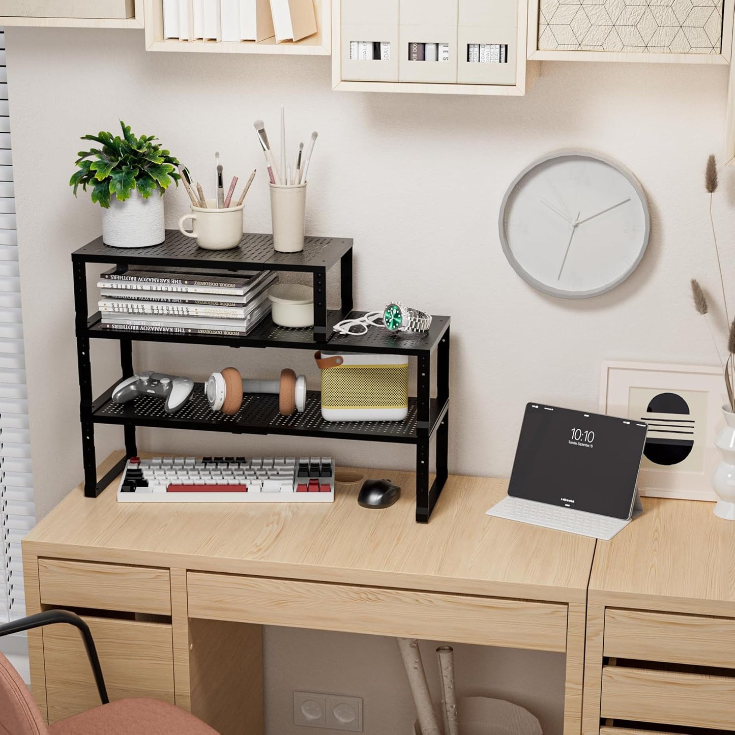 Expandable,Adjustable & Stackable Spice Rack, Cabinet Kitchen Countertop Shelf Organizer,Metal Pantry Storage Shelves - Space-Saving Storage Solution(1Pack/Black/Large)