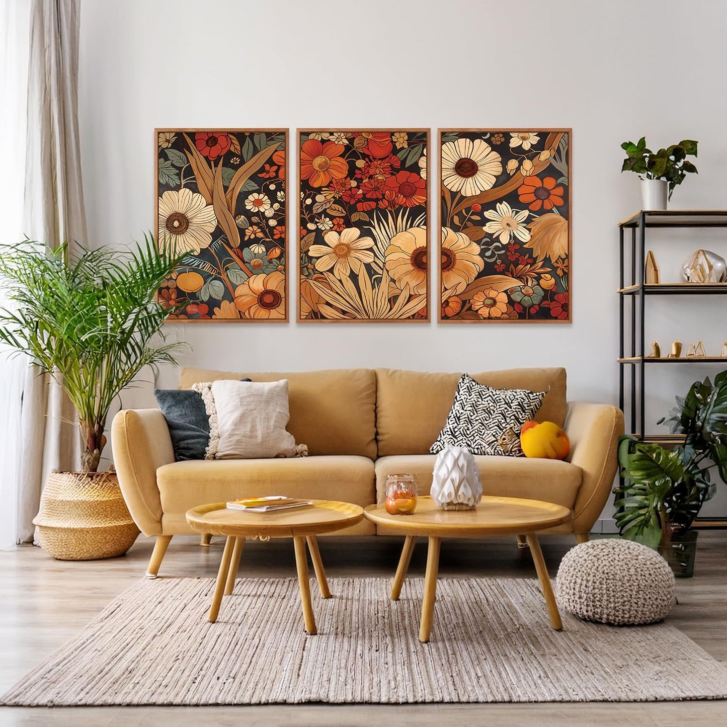 Aurlan Boho Burnt Orange Terracotta Wildflowers Framed Wall Art(24"x36"), 3 PCS Abstract Floral 3D Textured Canvas Artwork, Large Modern Vintage Botanical Nature Art Wall Decor for Home Office Living Room Bedroom
