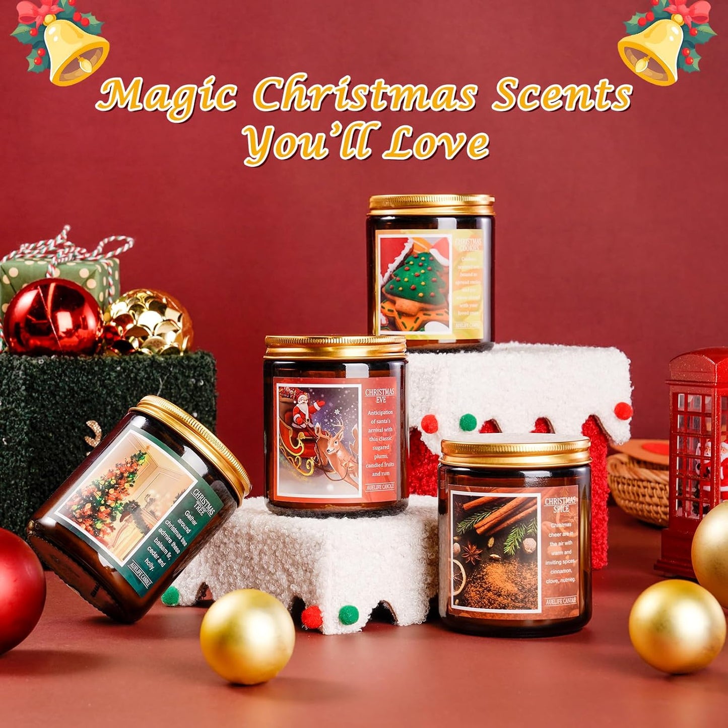 Christmas Candle Set | 4Pack Scented Candles Holiday Candle Gifts - Soy Candles Home Scented, Xmas Gift for Women and Men - Scents of Christmas Tree/Spice/Cookies/EVE