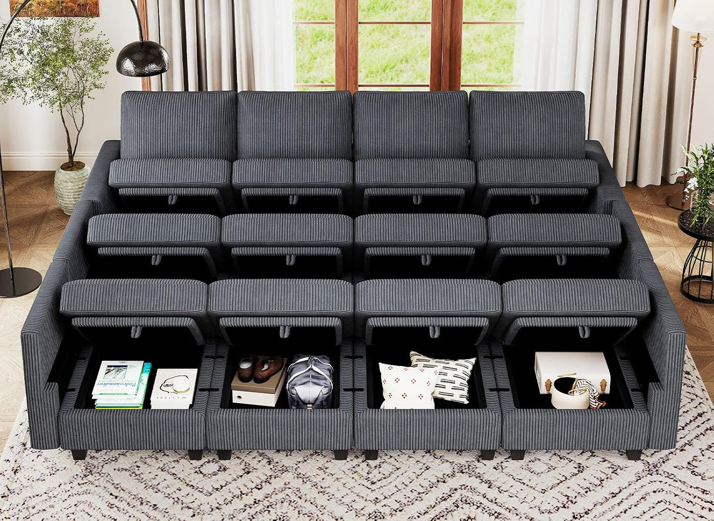 Belffin Oversized 12 Seat Modular Sectional Sleeper Sofa Convertible Sofa with Storage Seat Large Corduroy Modular Sectional Couch for Living Room Dark Grey